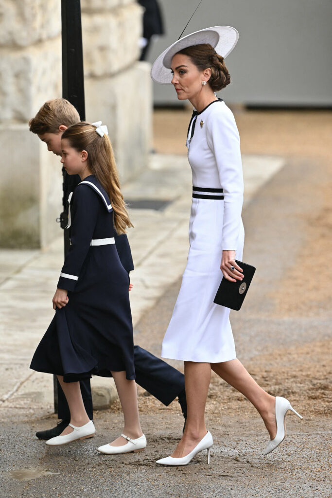 Princess Catherine (AKA Kate Middleton) proves she's an expert at fashion while arriving at Trooping the Colour with her children Prince George and Princess Charlotte. 